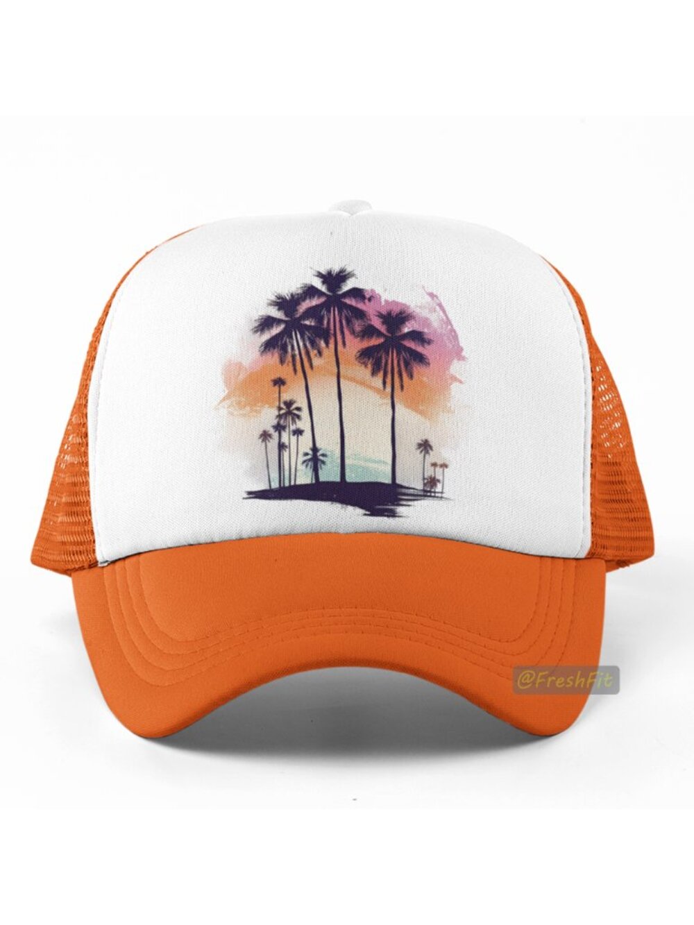 🆕Tropical Sunset Watercolor Foam Trucker Hat Mesh Snapback Cap Orange/White